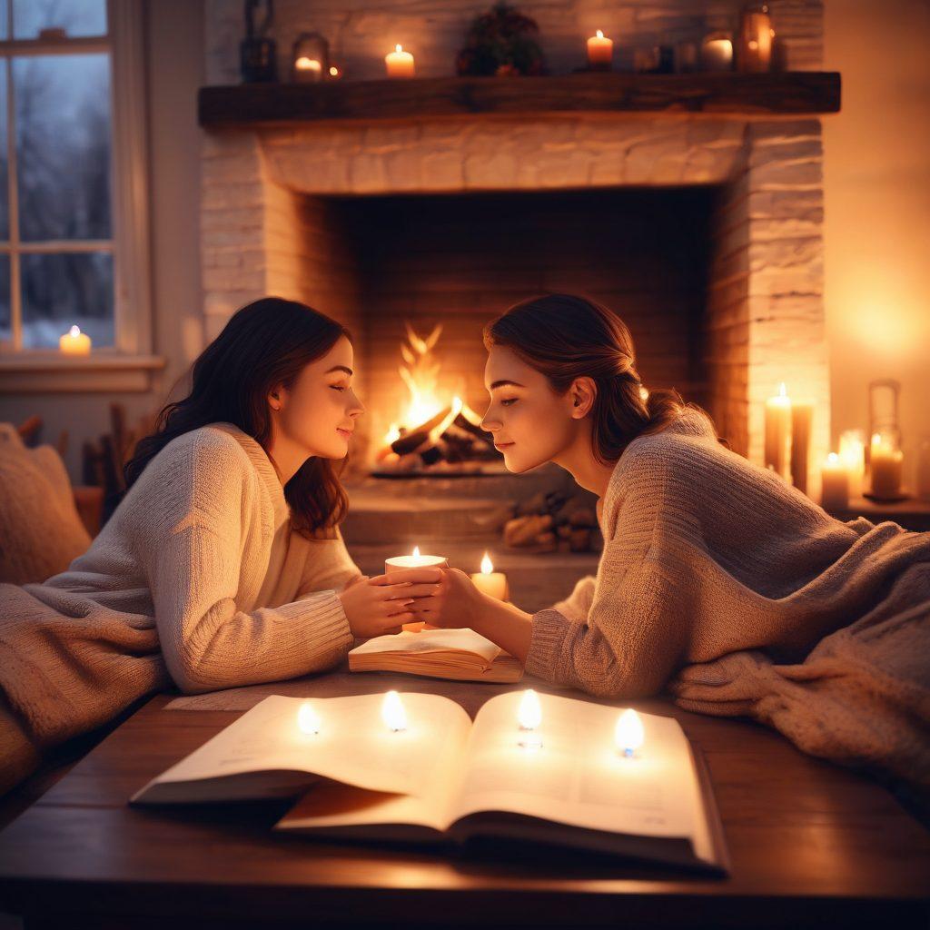 A warm, intimate scene depicting a couple sitting by a cozy fireplace, surrounded by soft glowing candles, sharing heartfelt moments. Include a journal with notes on love and connection, and a cup of steaming tea for added warmth. The atmosphere should evoke feelings of romance and deep connection, with gentle light illuminating their faces. soft focus. romantic color palette. 3D.
