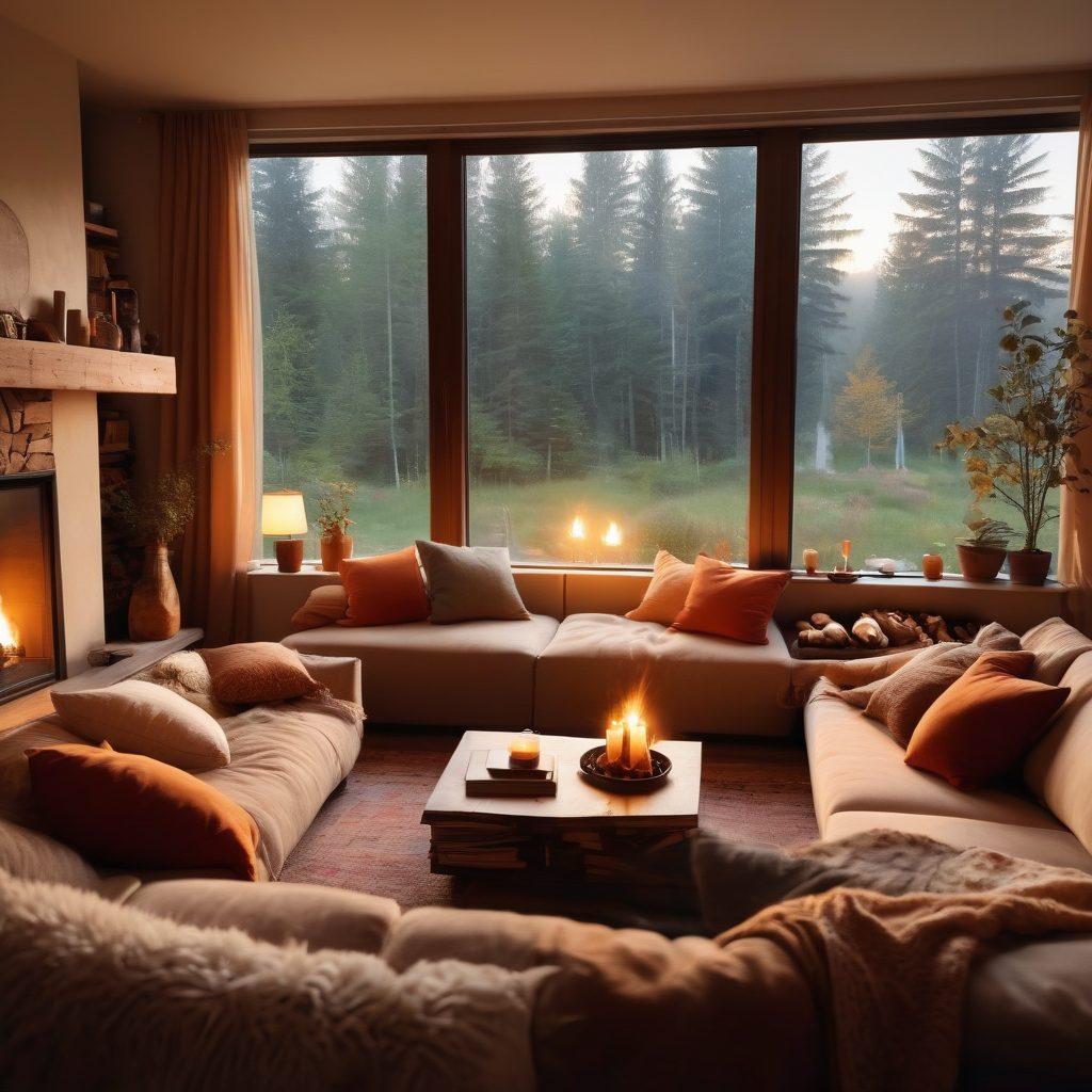 A cozy living room setting with a warm fireplace, two people engaged in deep conversation, surrounded by soft pillows and warm lighting. A view of nature through the window symbolizes connection, while a stack of books on emotional intimacy rests nearby. The atmosphere should emanate warmth and love, inviting viewers to explore the theme of togetherness. super-realistic. warm colors. cozy ambiance.