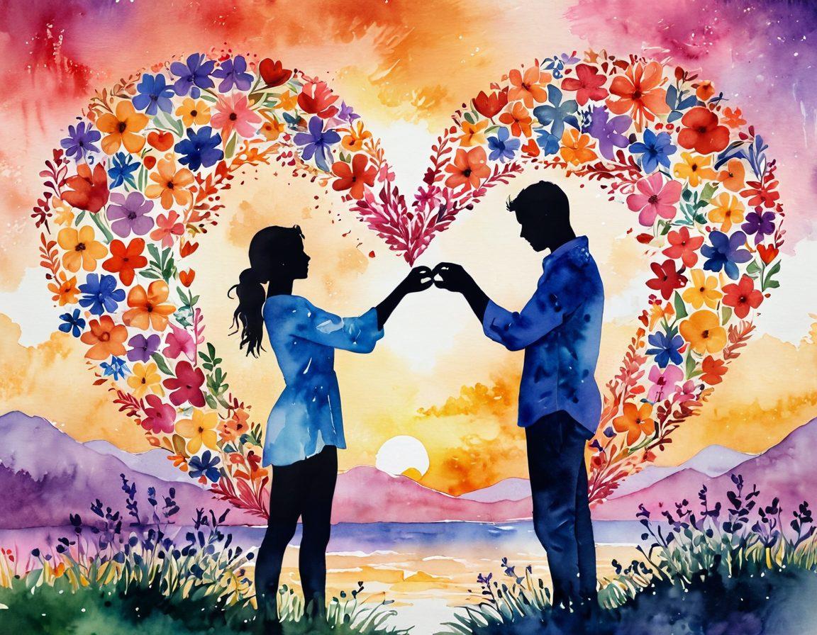 A beautifully intertwined heart made of vibrant flowers, symbolizing deep emotional connection. Surround the heart with hand-written love notes floating softly in the air, each containing heartfelt messages. The background should be a serene sunset blending warm colors, evoking passion and romance. Include the silhouette of two people reaching towards each other, emphasizing connection. watercolor painting. vibrant colors. soft focus.
